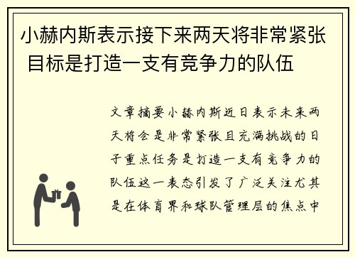 小赫内斯表示接下来两天将非常紧张 目标是打造一支有竞争力的队伍
