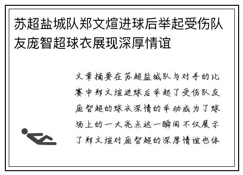 苏超盐城队郑文煊进球后举起受伤队友庞智超球衣展现深厚情谊