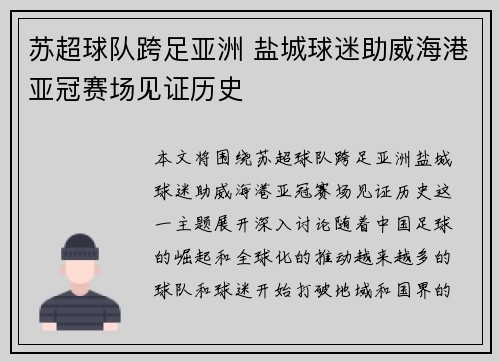 苏超球队跨足亚洲 盐城球迷助威海港亚冠赛场见证历史